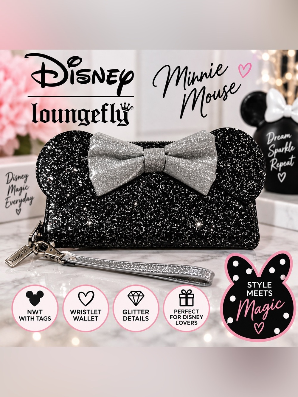 NWT Loungefly Disney Minnie Mouse Black Glitter Wristlet Wallet Bow